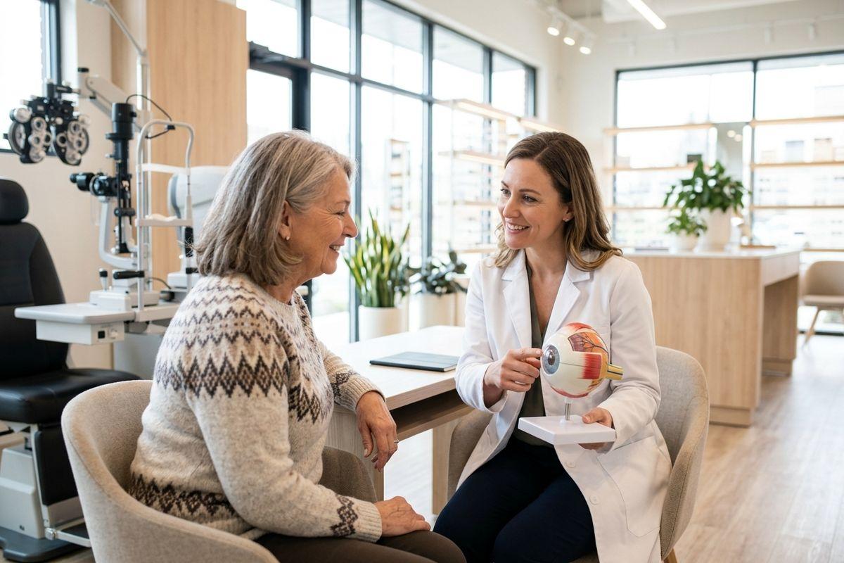 A smiling optometrist in a clinic points to an anatomical eye model while speaking with an older adult patient.