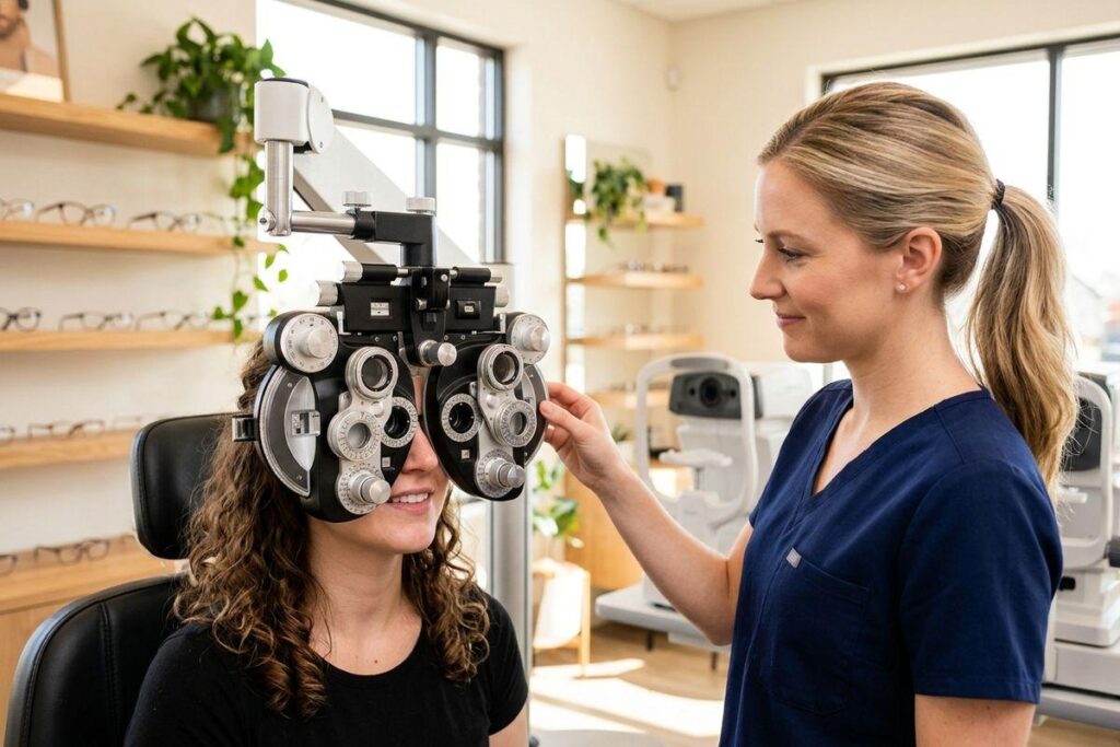 A smiling optometrist adjusts a phoropter in front of a seated adult patient's eyes in an eye clinic.