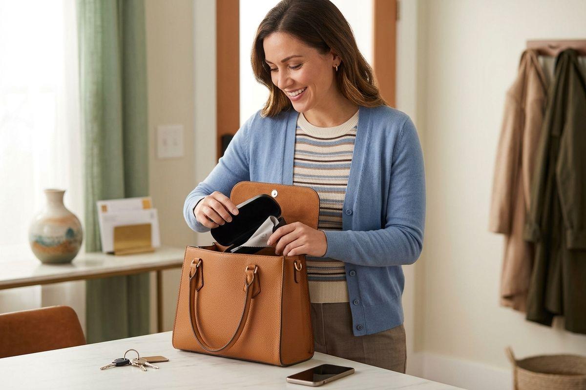 A smiling adult places a black glasses case containing a white cleaning cloth into a tan handbag on a table indoors.