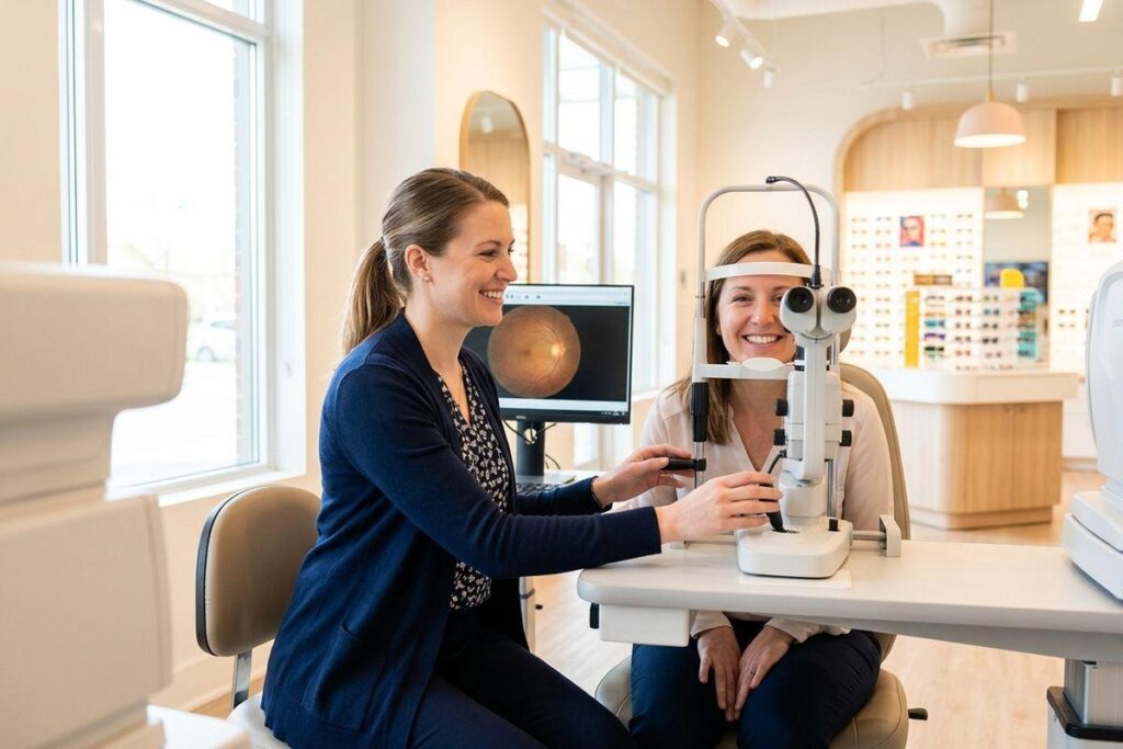 A smiling optometrist adjusts an eye exam machine for an adult patient resting their chin on the device in a bright optical clinic.