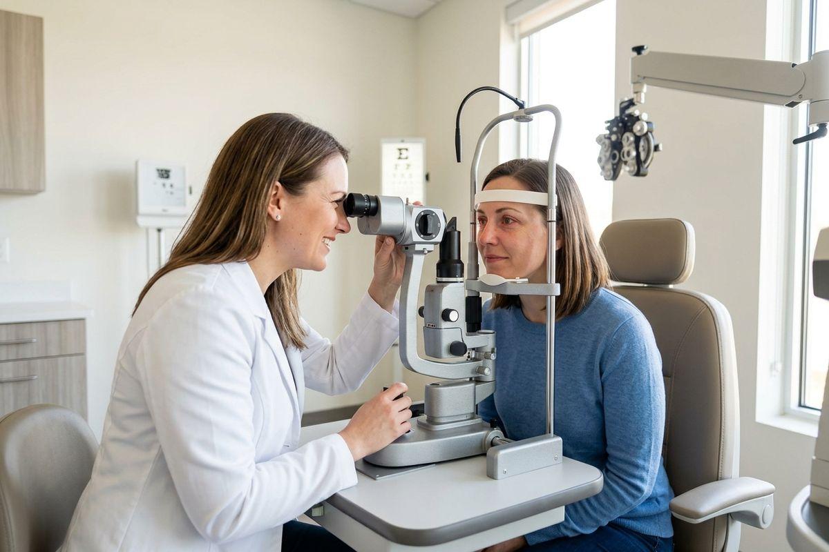 A smiling optometrist uses a slit lamp to examine an adult patient's eyes in an exam room.