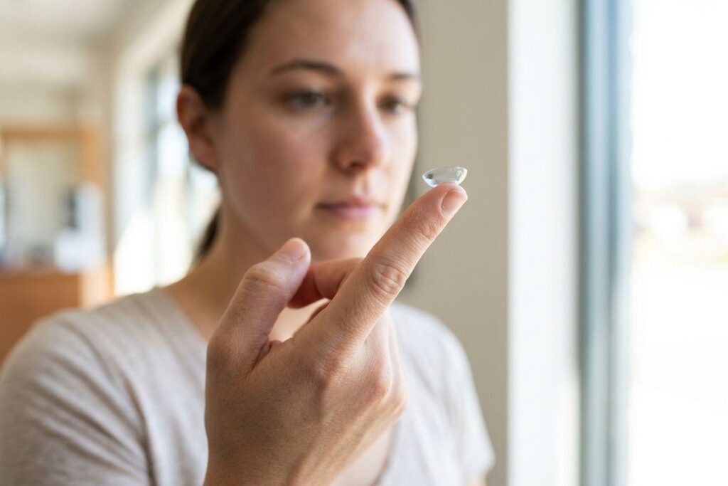 An adult looking closely at a clear contact lens balanced on the tip of their index finger.