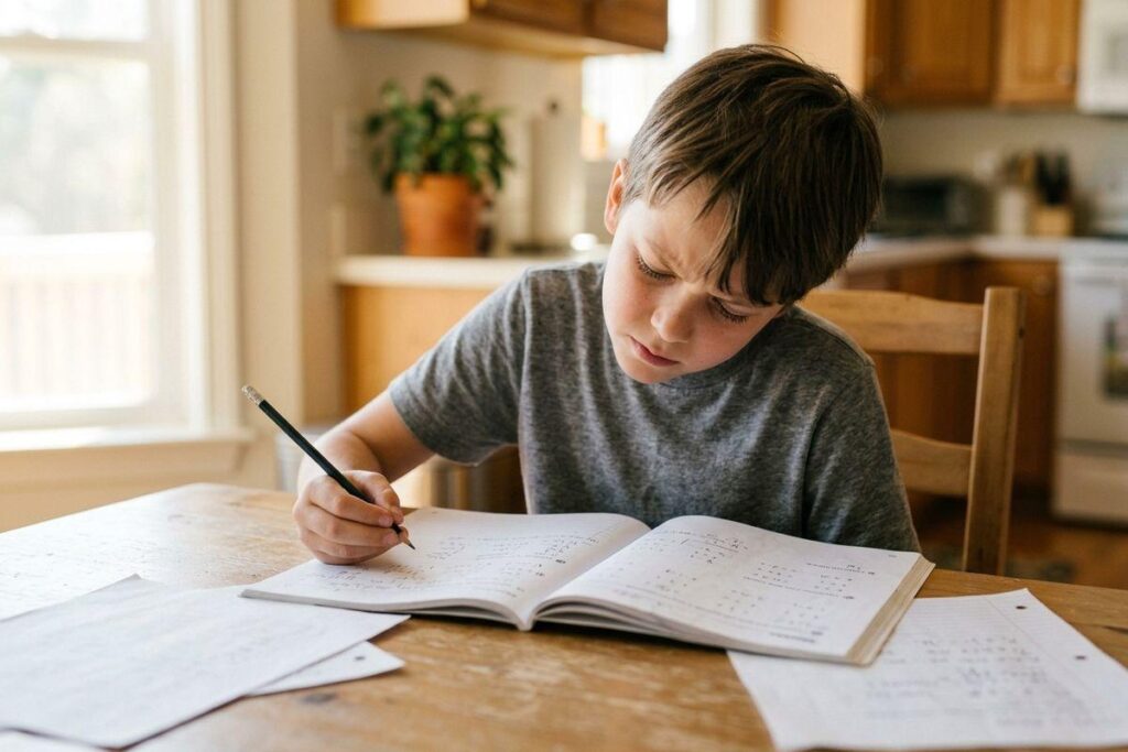 Child writing in an open workbook at a wooden kitchen table, frowning in concentration, with loose papers spread around.