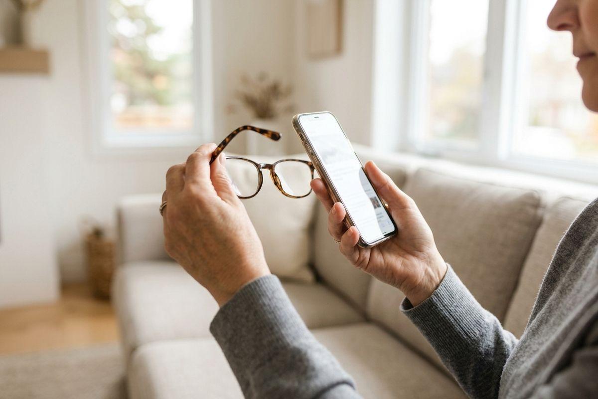 Older adult sitting on a sofa, holding a smartphone in one hand and tortoiseshell glasses in the other while looking at the screen.